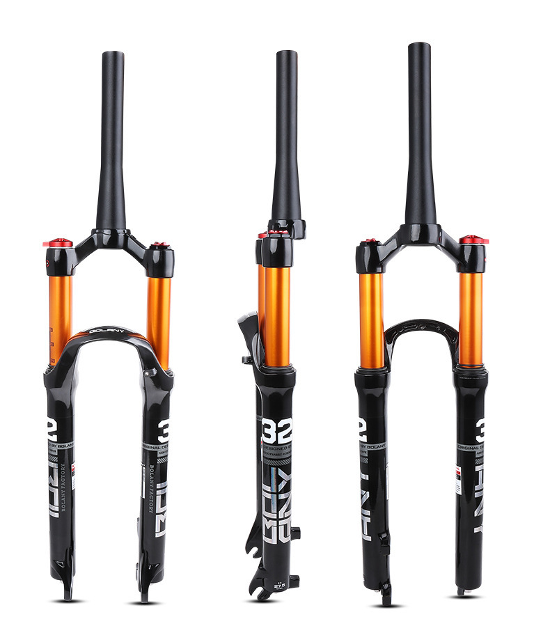 Black and gold MTB air suspension front fork with 31.8mm stanchions and remote lockout, designed for 26/27.5/29 inch mountain bikes with disc brake compatibility and enhanced shock absorption.