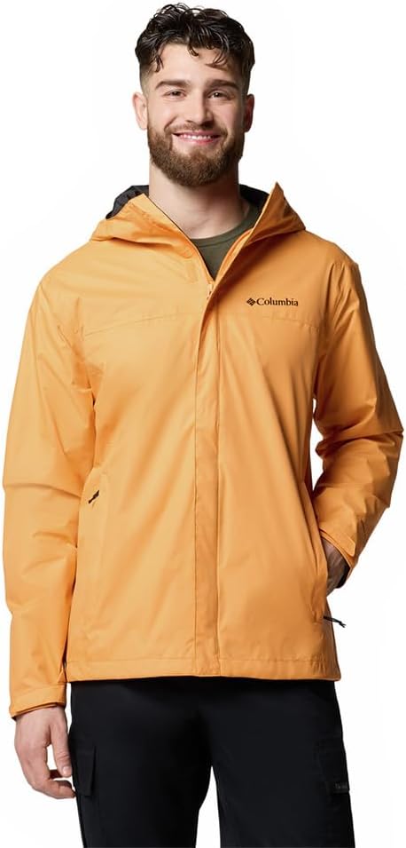 Men’s waterproof rain jacket lightweight breathable outdoor hooded shell orange model front view