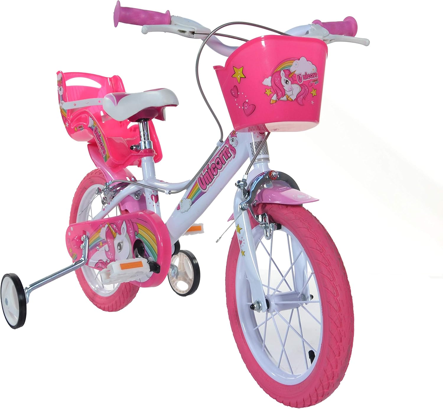 Pink and white 16-inch kids unicorn bicycle with training wheels, front basket, and rear doll seat designed for young girls learning to ride.