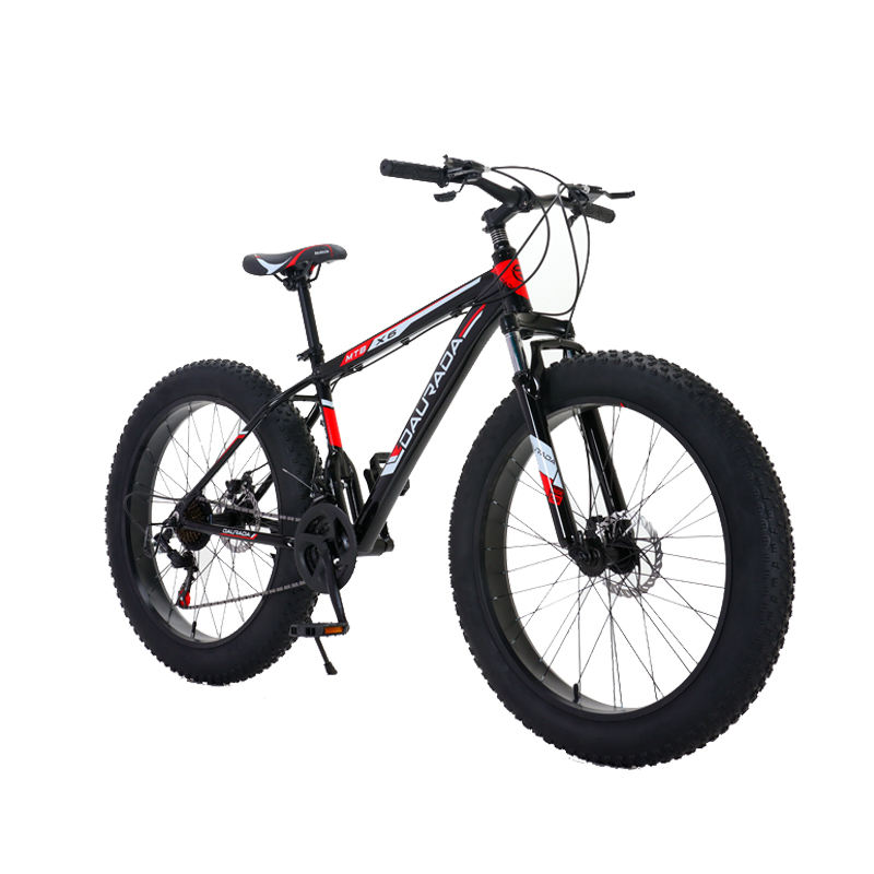 Red-accented 26-inch black fat tire bike featuring a robust steel frame and front suspension, ideal for rough terrain riding