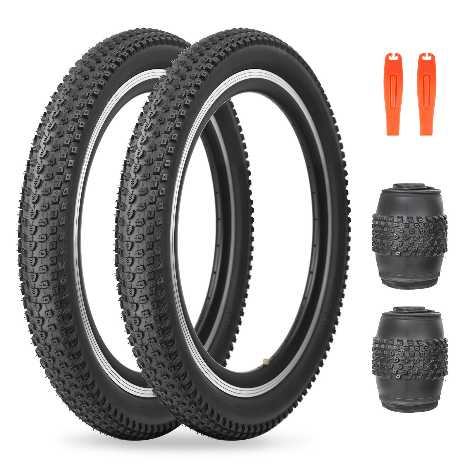 Pair of black foldable mountain bike tires with textured anti-slip tread, designed for MTB, standard bicycles, and electric bikes; includes tire levers and inner tubes for convenient installation and reliable performance. 🚴
