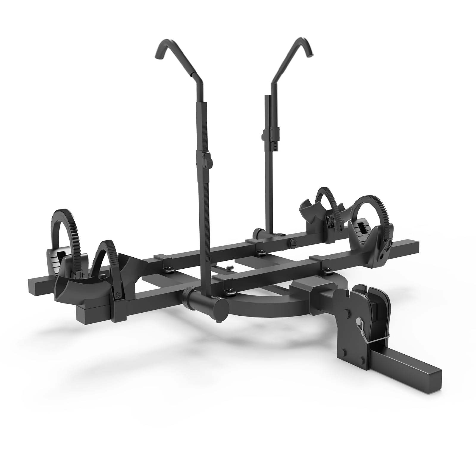 Heavy-duty steel hitch bike rack with dual wheel trays and adjustable upright supports for transporting bicycles.