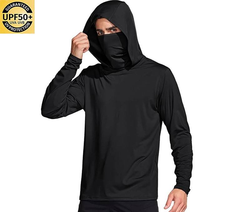 Men’s UPF 50+ sun protection hoodie lightweight ice silk UV protection pullover black color with face cover hood front view