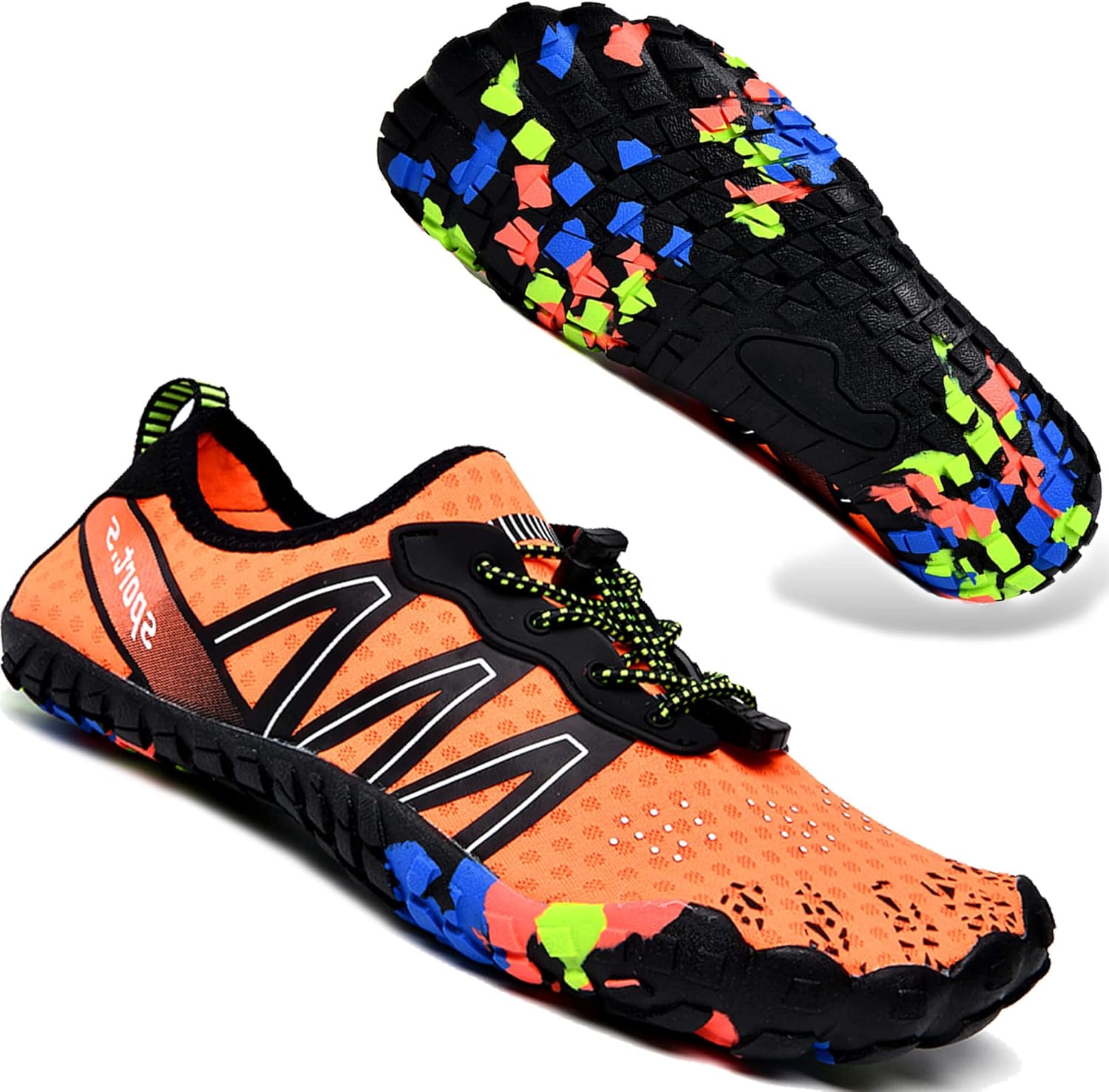 Unisex quick dry barefoot water shoes lightweight beach surf swim aqua shoes orange black front view