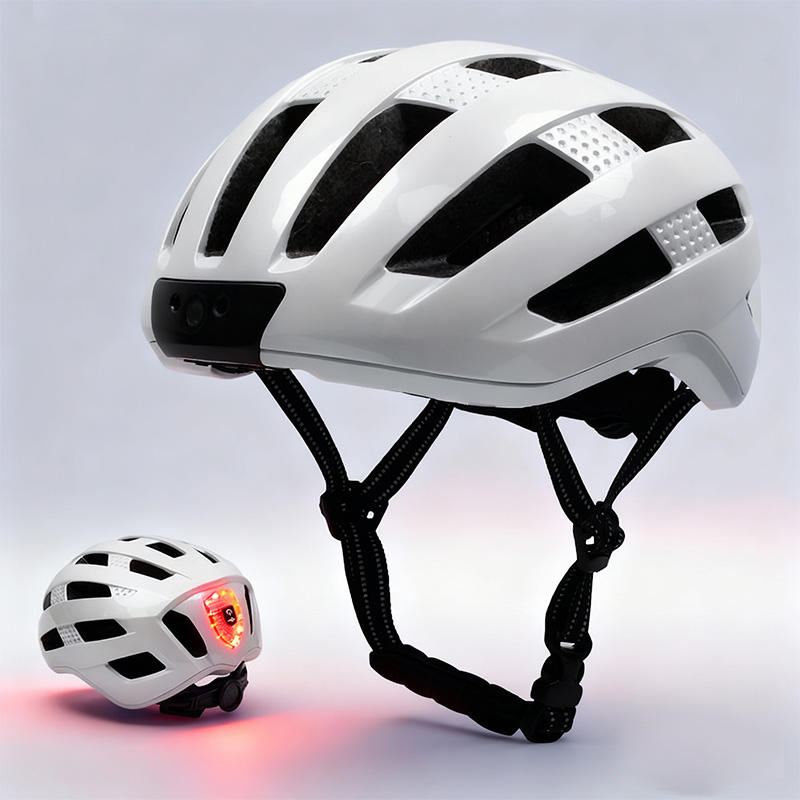 White bike camera helmet with integrated front camera and LED lights, showcasing multiple wearing angles and the 