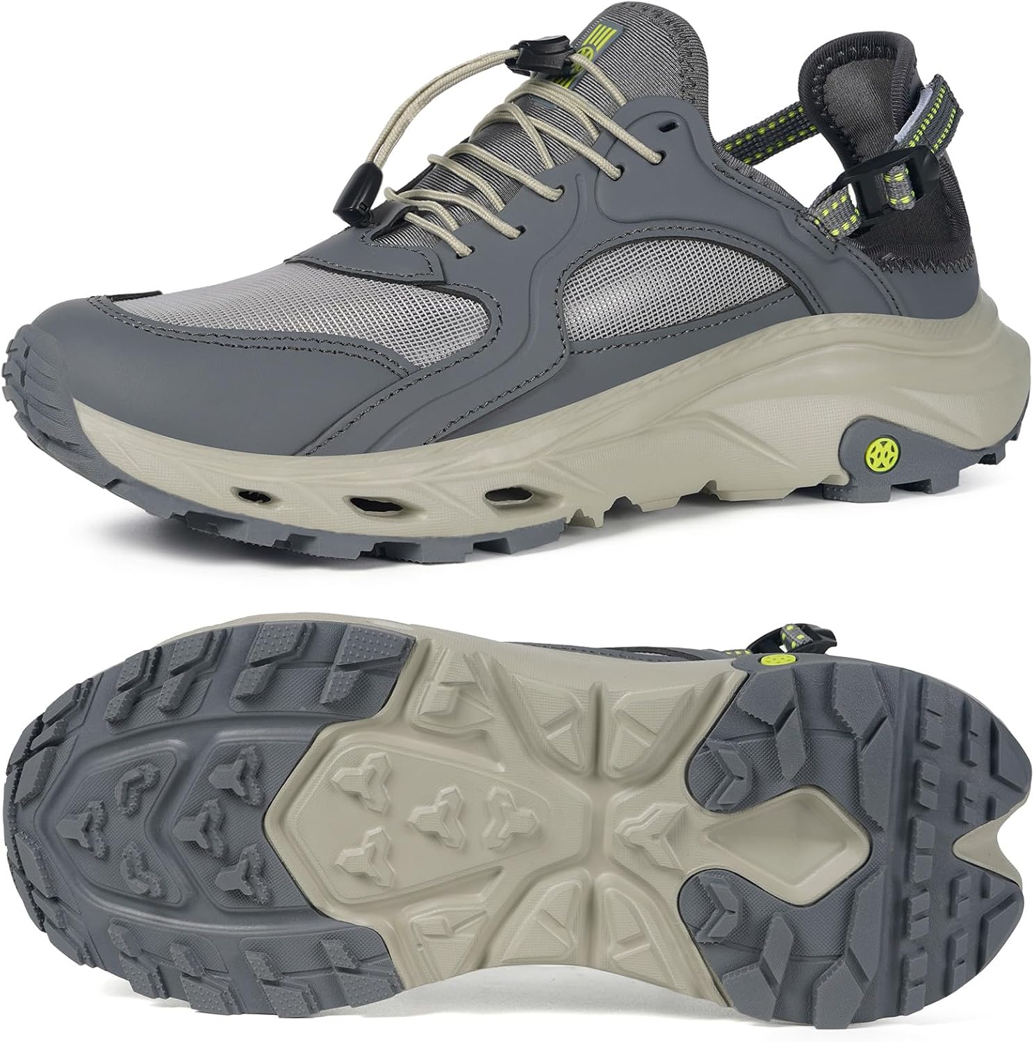 Men’s amphibious water sandals quick dry closed toe hiking beach aqua shoes grey color front and sole view