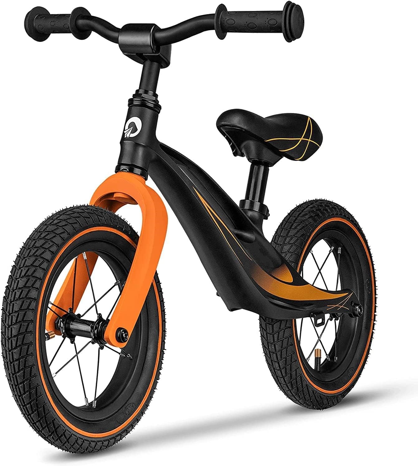Orange kids balance bike with air tires, lightweight no-pedal toddler bike for outdoor riding