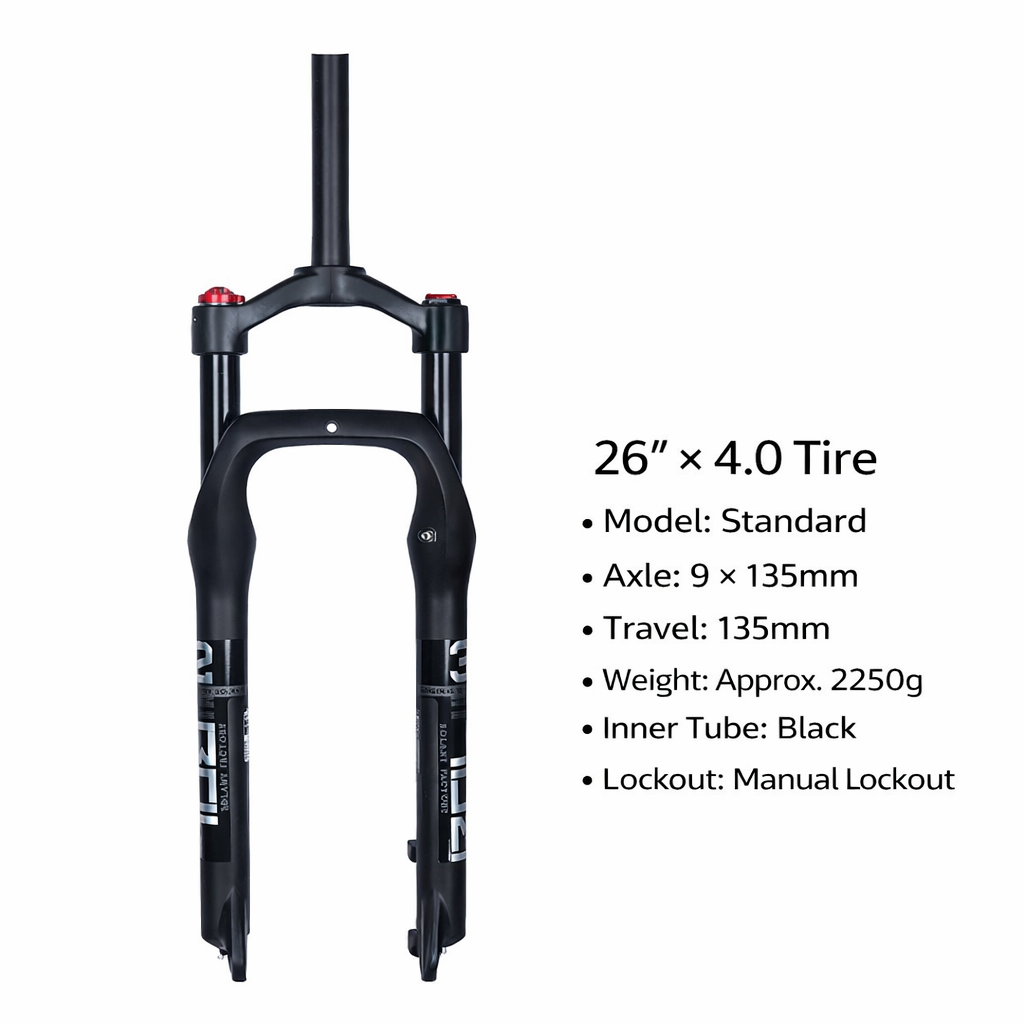 26 x 4.0 Fat Bike Suspension Fork Standard Model with 9x135mm Axle and Crown Lockout