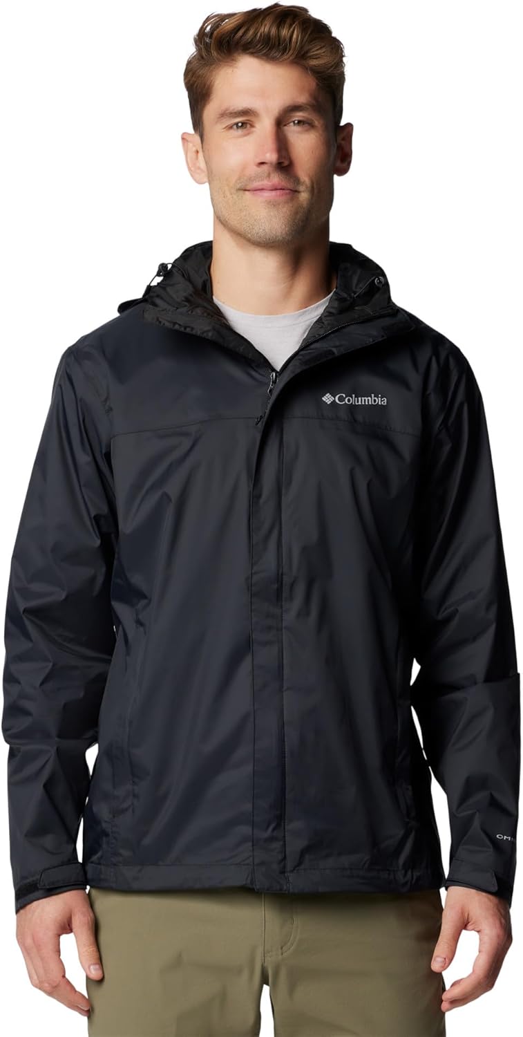 Men’s waterproof rain jacket lightweight breathable outdoor hooded shell black model front view