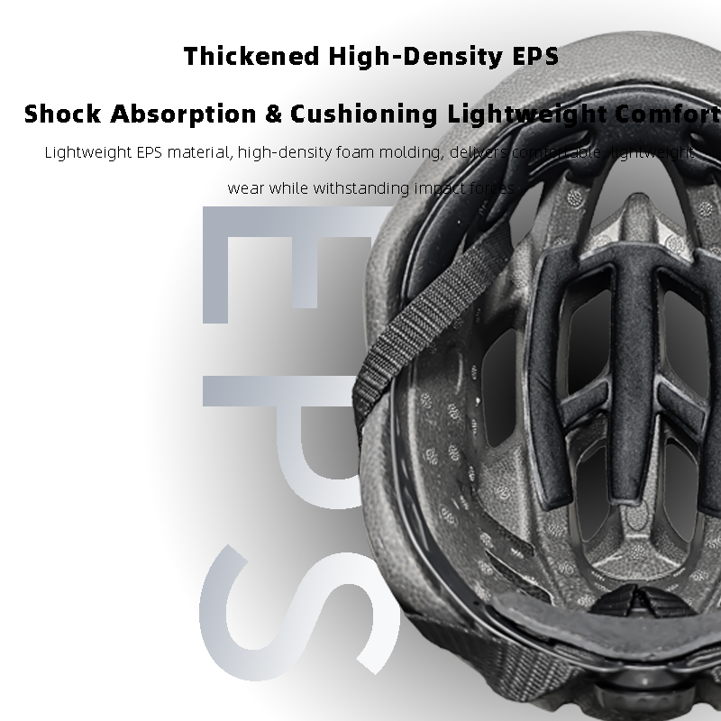Interior view of a bicycle helmet showing thickened high-density EPS foam liner designed for shock absorption and lightweight cushioning.