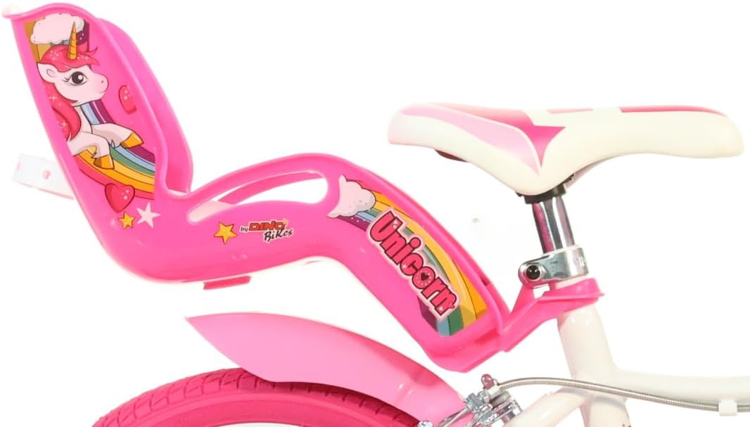 Pink and white 16-inch kids unicorn bicycle with training wheels, front basket, and rear doll seat designed for young girls learning to ride