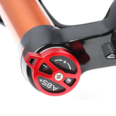 Close-up of the MTB suspension fork top cap with rebound adjustment dial for fine-tuning suspension performance.