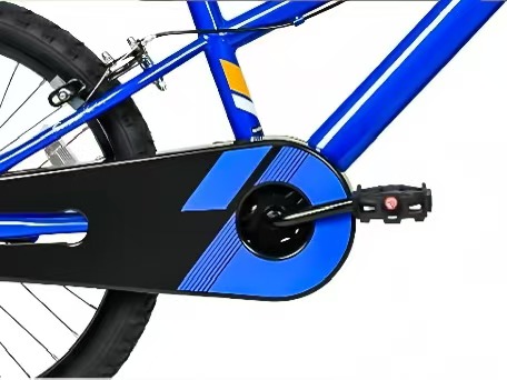 Close-up of the kids bicycle chain guard and crankset providing safety and smooth pedaling.