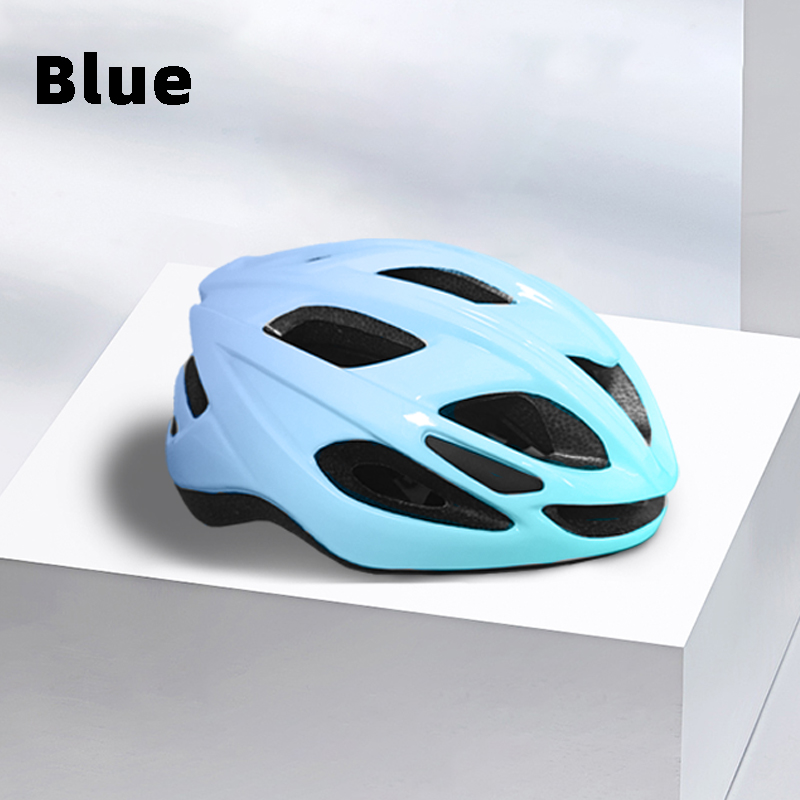 Light blue cycling helmet with aerodynamic vent design presented on a white display platform.